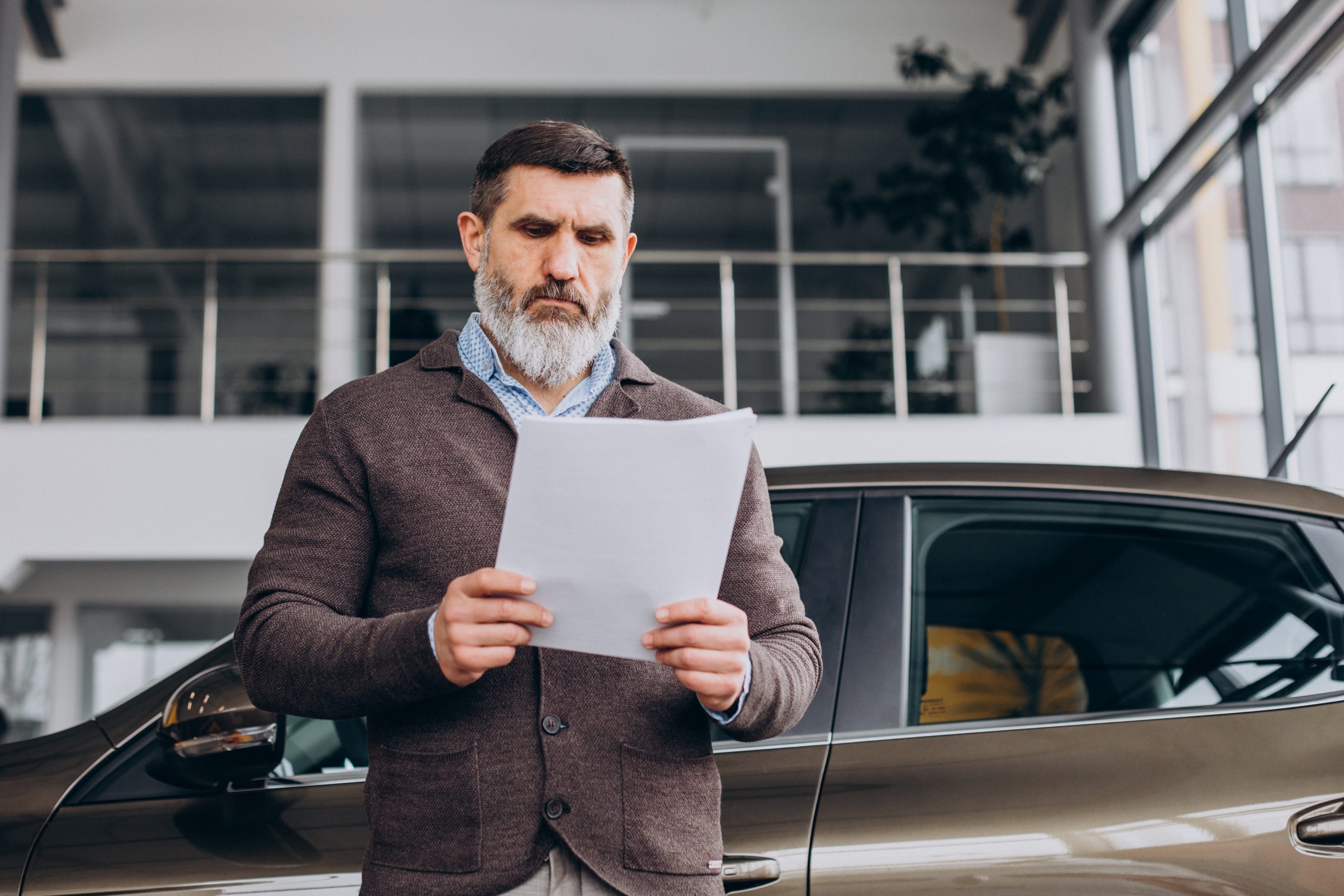 Businessman examining papers related to renting a vehicle agreement