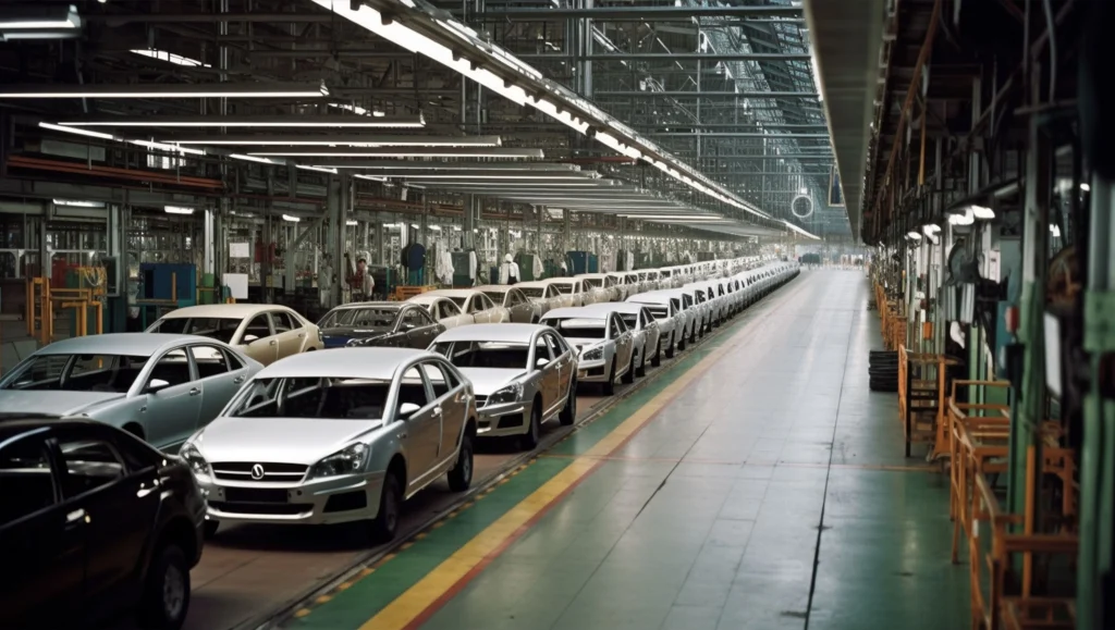 A factory scene with cars arranged in rows, emphasizing the context of car recalls and their duration.