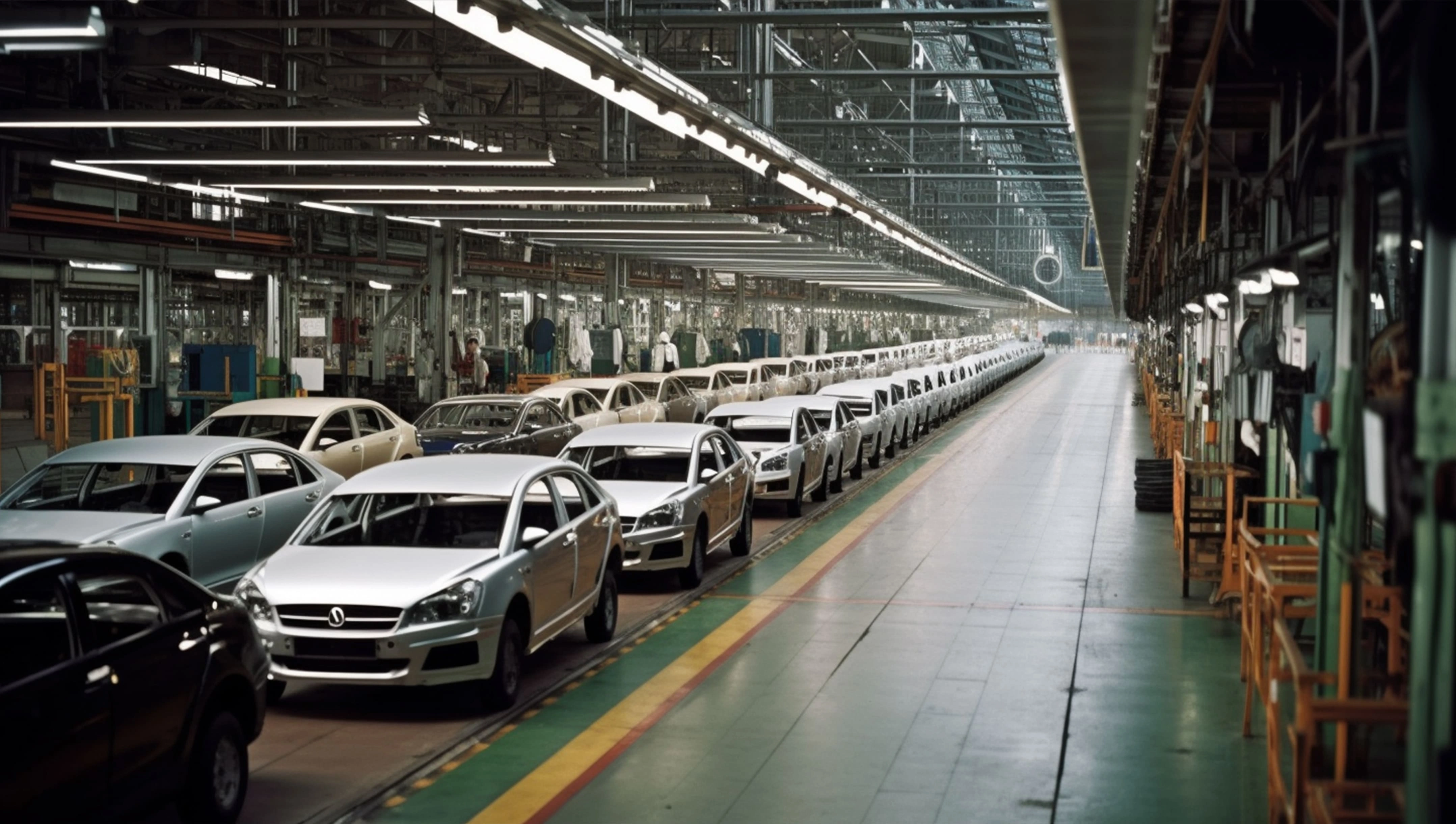 A factory scene with cars arranged in rows, emphasizing the context of car recalls and their duration.
