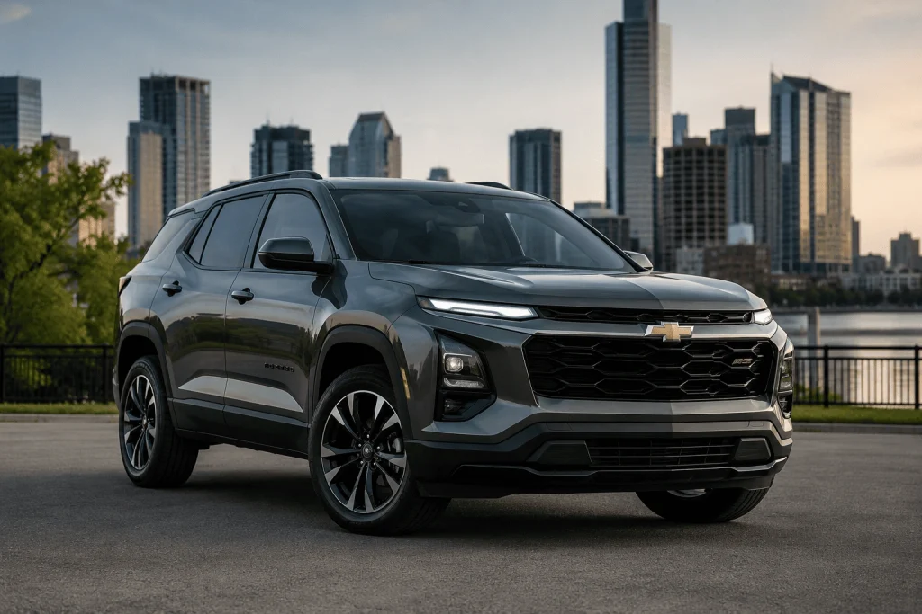Gray Chevrolet SUV parked in front of a modern city skyline during sunset, representing Chevrolet lemon law transmission claims and defective vehicle issues.
