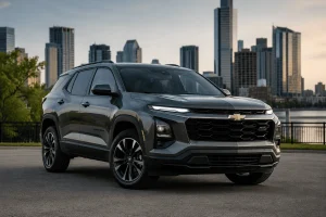 Gray Chevrolet SUV parked in front of a modern city skyline during sunset, representing Chevrolet lemon law transmission claims and defective vehicle issues.