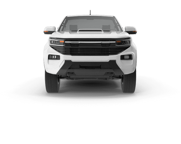 Front view of a white pickup truck showing grille and headlights