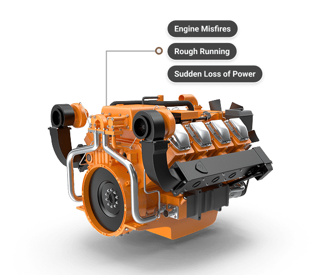 Automotive engine diagram representing misfires and reduced power output